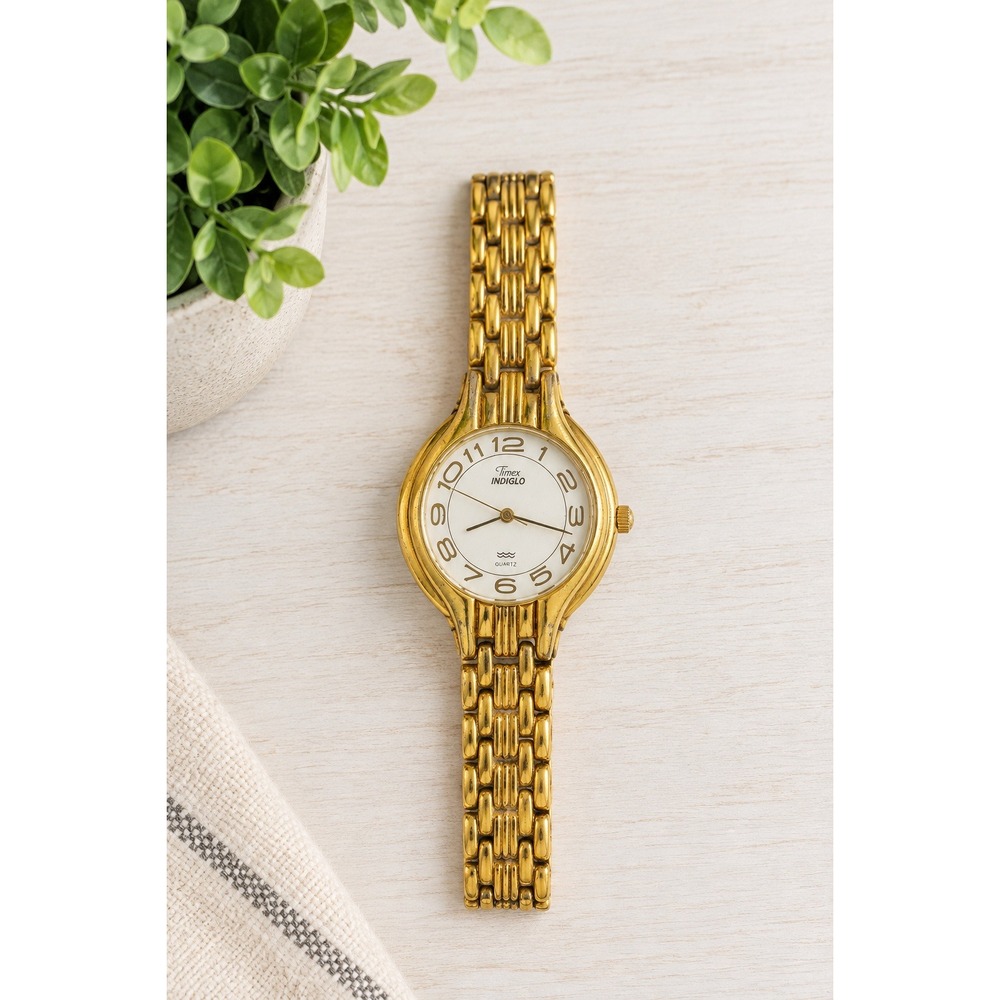 Timex Indiglo Gold Tone Quartz Watch White Dial Arabic Numerals Water Resistant